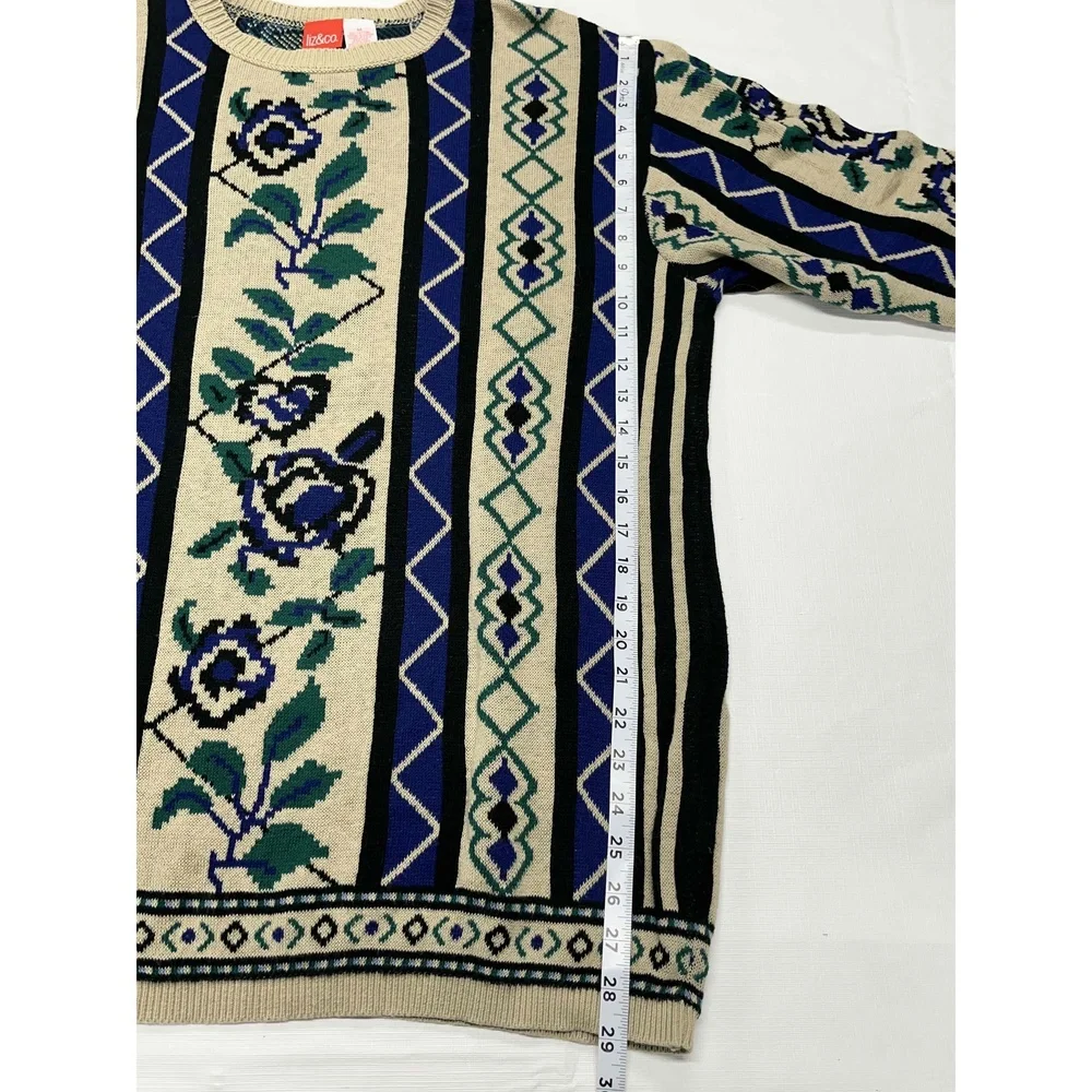 Vintage Liz & Co Cotton Womens Multicolor Floral Roses Knit Crewneck Sweater Med - Picture 6 of 12